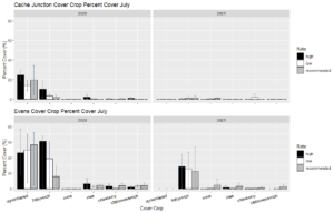 Figure 2: Average percent cover of the cover crops present in July 2020 and 2021 for both Cache Junction and Evans Research Farm. Average percent cover for plots seeded with each species, dynamite red clover, hairy vetch, none covered control, rose clover, strawberry clover, and Utah sweetvetch), at each rate high (black), low (white), and the recommended rate (grey) is displayed.