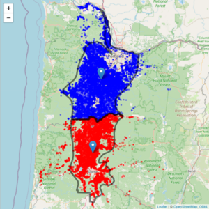Acres of interest for DayCent modeling for the North Willamette Valley (blue) and the South Willamette Valley (red). The grey border represents the boundary for MLRA2 within the Willamette Valley. Blue and red points (polygons) that fall outside of this boundary are within the counties for the Valley and were excluded from further analysis. To obtain the blue and red points, crops associated with grass seed production were filtered using the Crop Data Layer of
CroplandCROS. The two markers within each subregion represent the centroids for each and were used to generate the weather data files for each region.