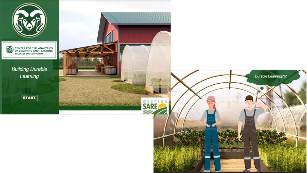 Screen captures of durable learning activity showing cartoon barn, greenhouse and characters discussing durable learning