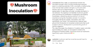 An Instagram post of a time lapse without sound of a Zumwalt Acres apprentice conducting an oyster inoculation, with a description of the importance of the inoculation process.