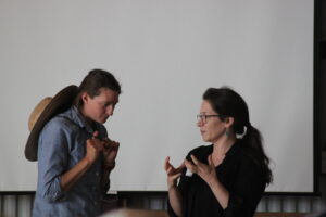 Drs. Calderwood and King discussing soil N dynamics.