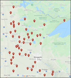 Red dots show the locations of grocery stores interested in buying from farmers, scattered around the state of Minnesota