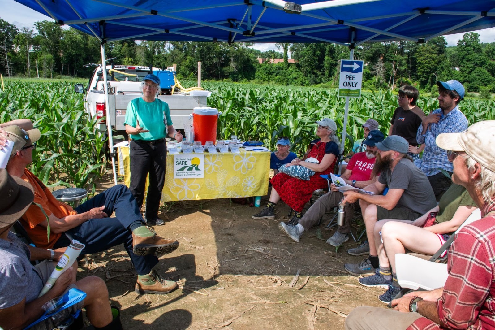 Guest speaker soil ecologist Deborah Neher speaks at the SARE Novel Field Day, hosted by Rich Earth at the site of our 3-year silage corn trials. Some attendees also participated in a dialogue group as part of the social research component of this project.