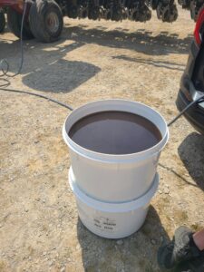 tubs of worm tea prior to loading into planter