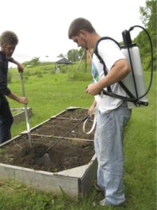 Spraying juice with agitating sprayer and digging it in thoroughly 