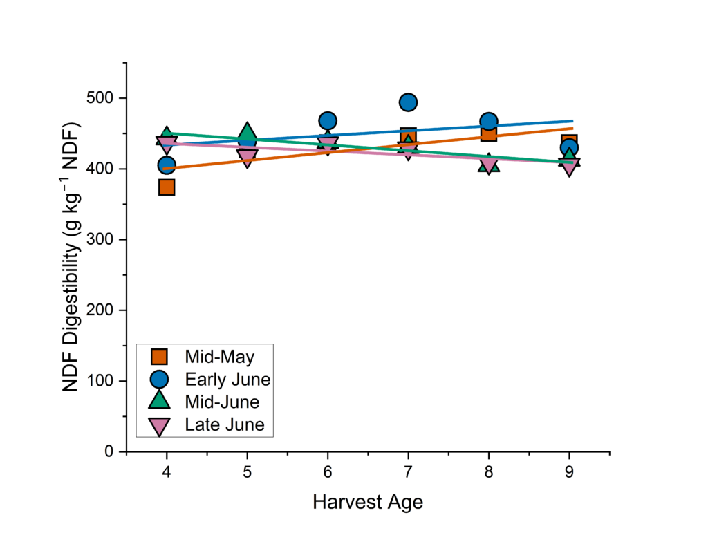 Scatter plot showing crabgrass neutral detergent fiber digestibility for different planting dates and harvest ages.