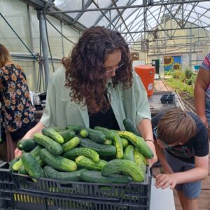 A youth programs intern helping a young YSC participant weigh their large harvest of cucumbers.