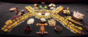 Ground offering displaying heritage corn obtained from the project at Indigenous People's Day event in Goshen, Indiana.