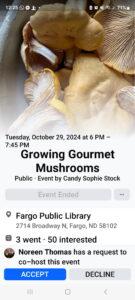 Event advertisement for Growing Mushrooms workshop.