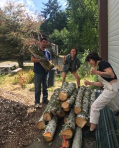 Ed, Alex, and Jade celebrate collecting fresh alder logs for growing mushrooms on!