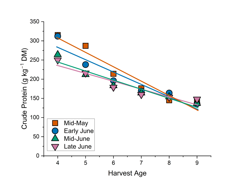 Scatter plot showing crabgrass crude protein content for different planting dates and harvest ages.