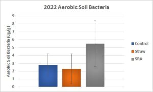 Graphic displaying aerobic soil bacteria among treatments in 2022.  Bacteria (ug/g) is highest in Wine Cap (SRA) plots.