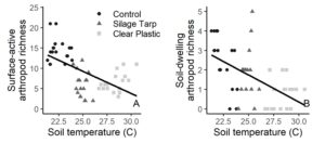 Graphs showing a negative relationship between arthropod richness and soil temperature.