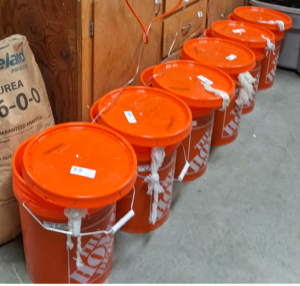 A row of orange, 5 gallon buckets have tubes coming out of them and some cheese cloth dangling on the side. 