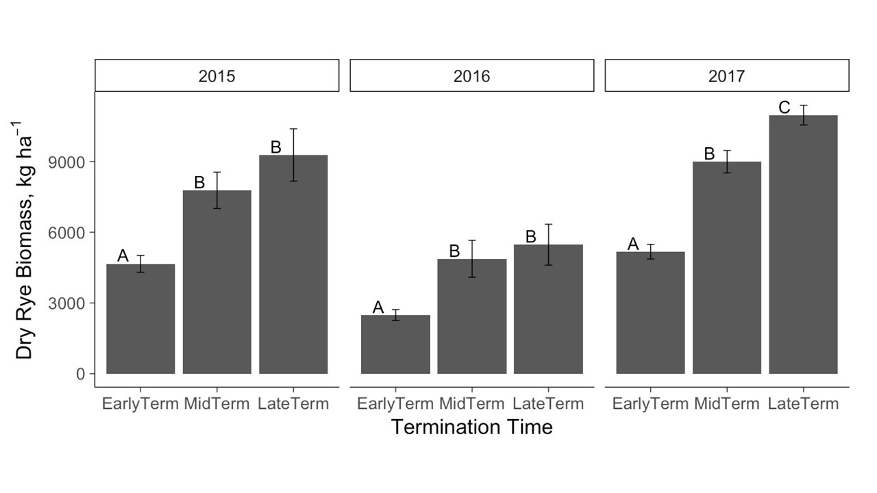 Figure 8. Dry rye biomass post hoc comparisons of cover crop termination treatments, 2015-2017. Letter groupings indicate significantly different means within each year at P