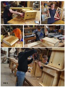 5 photos of students building wooden swarm traps. 