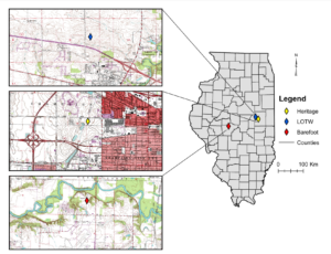 Figure 1: Locations of the three field sites of experimental SPAs in Illinois.