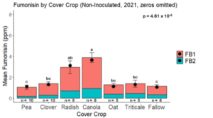 Fig. 9. Total mean fumonisin (FB1 + FB2) by cover crop legacy in maize that remained uninoculated in 2022, with zero values removed. Black dots indicate the median total Fumonisin. Treatments followed by the same letter were not significantly different based on the Tukey HSD test at 95% confidence.