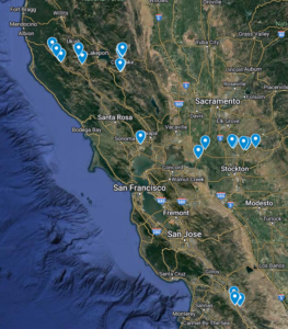 A map showing the vineyards sampled in 2022 and 2023.