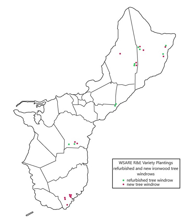 Locations of windrows planted across Guam