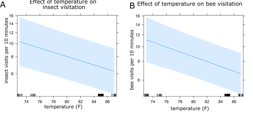 Graphs showing insect visitation and bee visitation in response to temperature