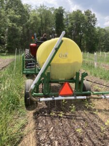 Figure 7: Urine is applied to chestnut nursery stock using a tank and boom applicator

