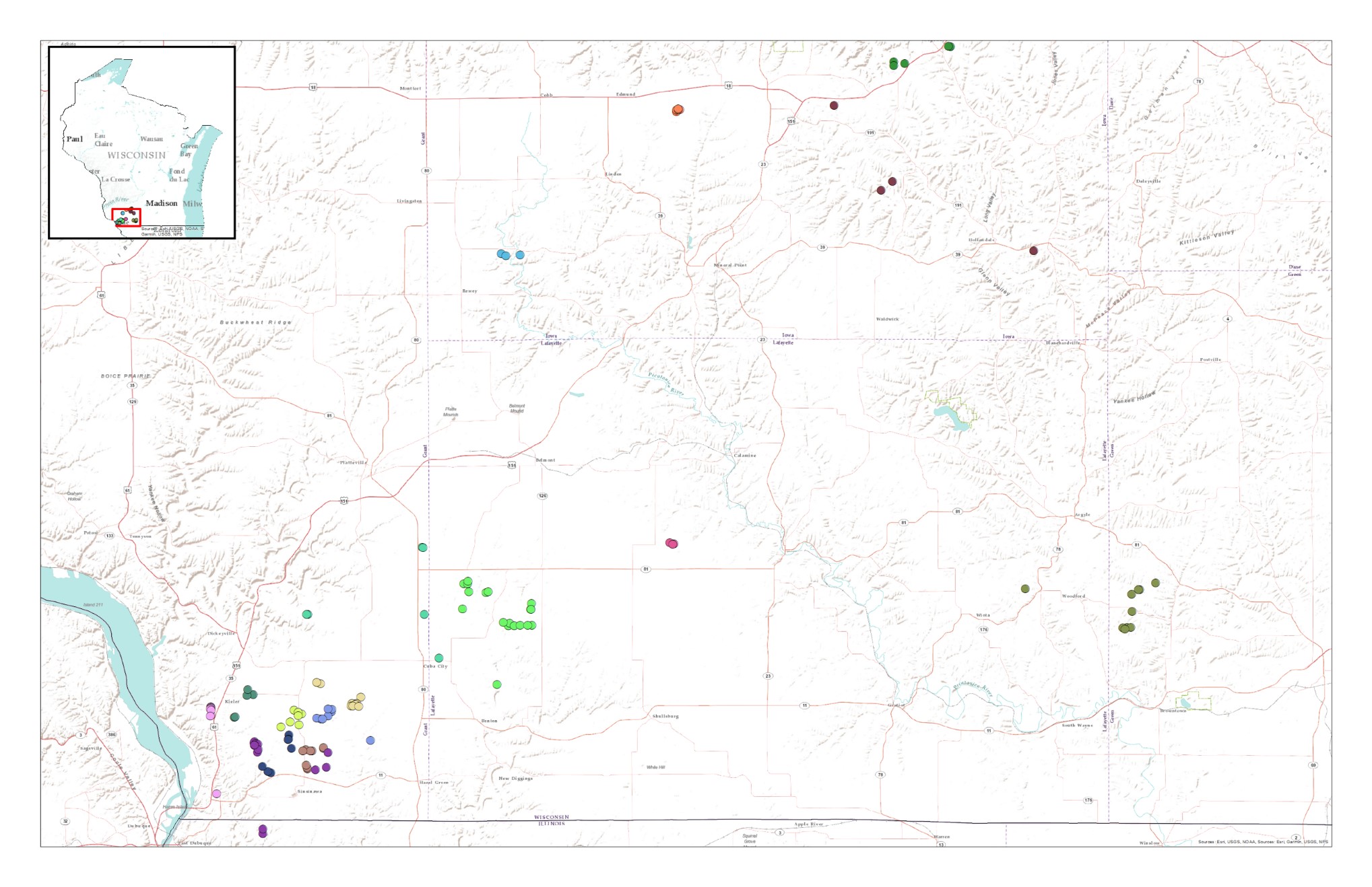 zoomed in map of field sites in southwest WI