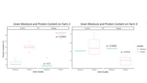 Figure 15. Grain moisture content was significantly higher and grain protein content significantly lower in the field with a refuge on Farm 2. 