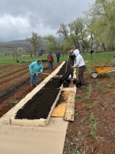 Participants forming beds and moving compost