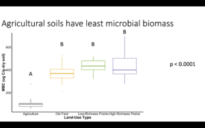 Graph showing agricultural soils in our study have the least amount of microbial biomass when compared to soils from oldfields, low-richness prairies, and high-richness prairies.