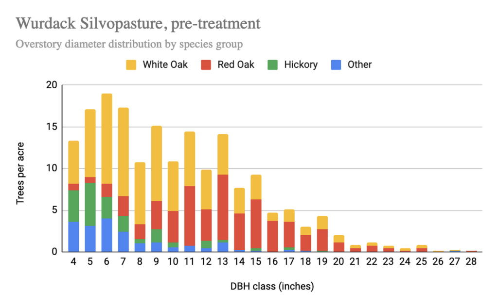A four color bar graph with tree DBH on the x axis and trees per acre on the y axis. The average of the curve is primarily on the left, with most stems being small diameter, and a long tail going toward the right in the 20-30 inch diameter range. Most species are white oak and red oak.