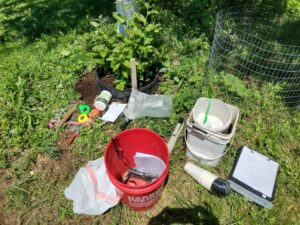 Picture of items used in Field kit to layer a tree at Hemlock Grove Farm, west