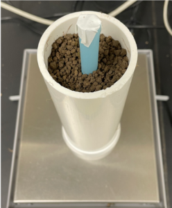 PVC core filled with 2-4 mm aggregates before the start of the 14 d incubation. There's a straw inserted among the aggregates, i.e., in the middle of the PVC core.