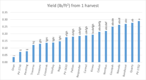 Yield from 1 harvest, showing Colusa, Nembus, Cocopah, Nevada, Bandicoot, Quartz, and PV-1702 as the highest yielding varieties.