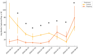 Line chart showing relative beetle densities between treatments