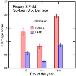 Bar graph of the effect of later termination and planting green on slug damage scores for soybean seedlings in Lewis farm field near Ridgely, MD on three dates.