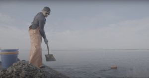 Matt Gregg, broadcasting the oysters to be bottom-planted in October of 2021