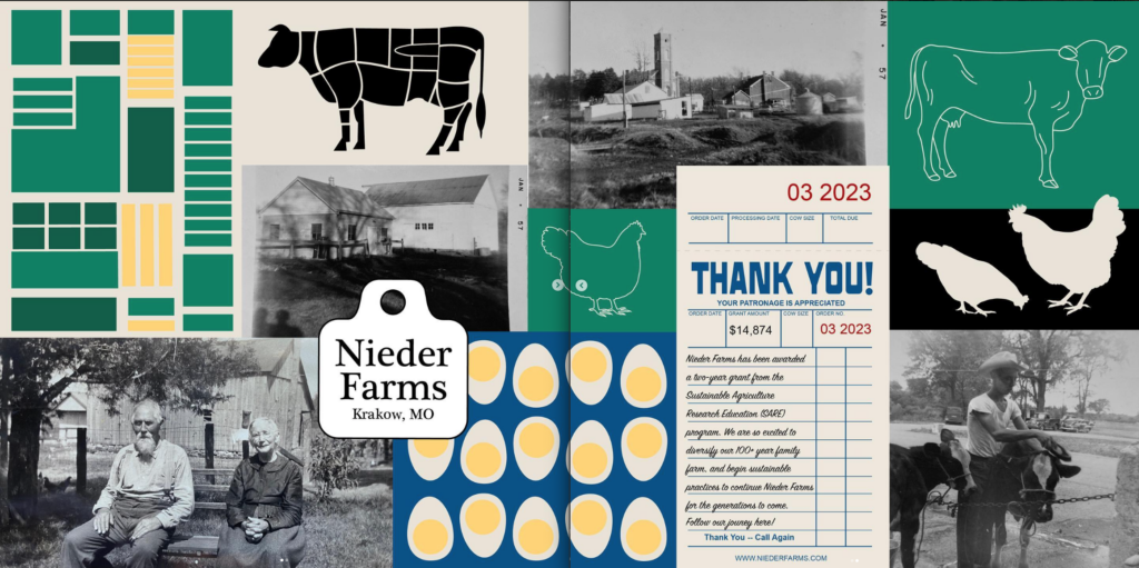 A collage features cow and chicken illustrations and a thank you letter announcing an SARE grant awarded to the farm