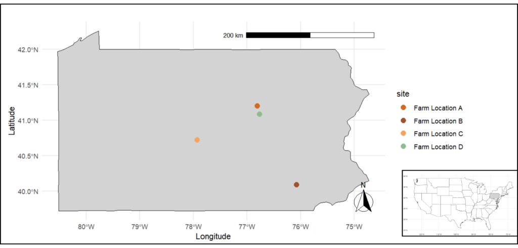 Figure 1. Location of farms within Pennsylvania. presenting 4 regions. 