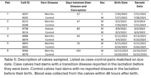 Table 5: Description of calves sampled. Listed as case-control pairs matched on due date. Case calves had dams with a transition disease reported in the lactation before they were born. Control calves had dams with no reported disease in the lactation before their birth.  Blood was collected from the calves within 48 hours after birth. 