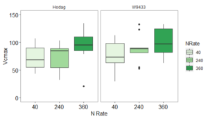 Boxplot depicting change in Vcmax in relation to nitrogen rate.