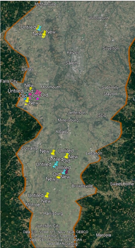 Google Earth Map showing the Willamete Valley (outlined in
orange) with the approximate sampling locations for the three tile drainage systems (New, Old, Untiled).