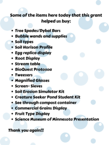 List of items bought with grant that were used at this event