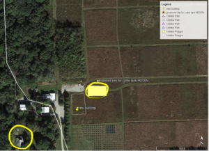 An outline of the proposed location of mesocosms at Purdue Wildlife area behind a new research facility