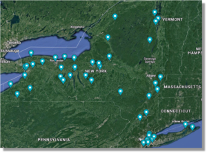 Map of farms visited across New York showing an even distribution.