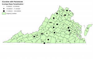 Figure 1:  Map of Virginia and its counties showing the average mass parasitization by size of the circle in the respective county.