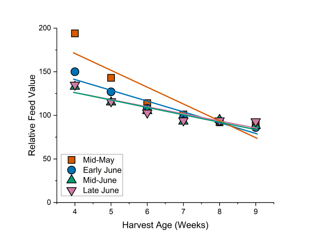 Scatter plot showing crabgrass relative feed value for different planting dates and harvest ages.