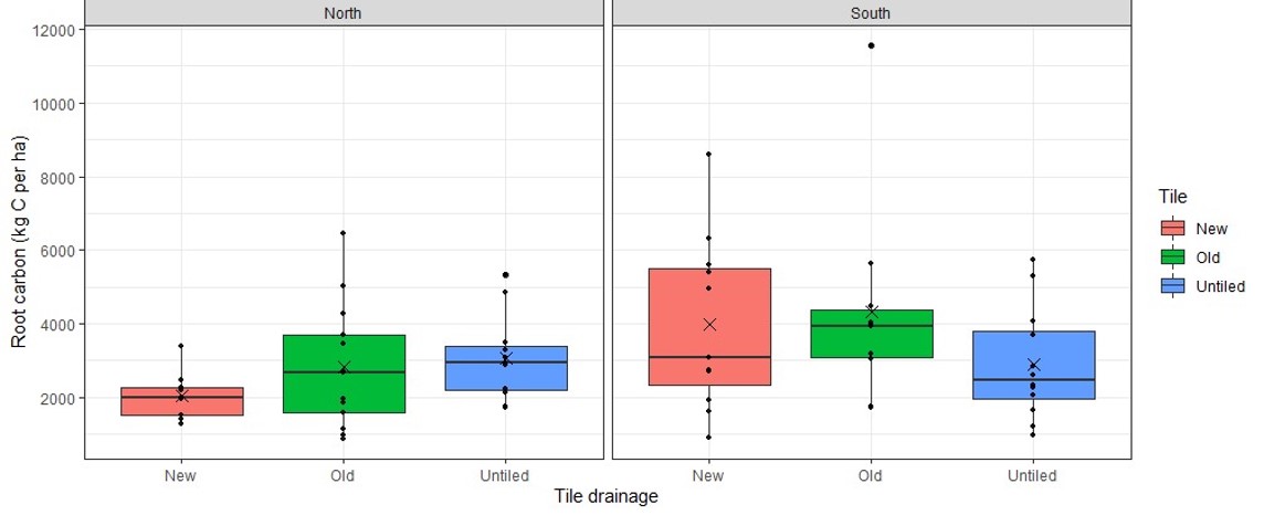 Box and whisker plots for root carbon stocks for New (red), Old (green), and Untiled (blue) tile drainage systems in the North Valley (left) and South Valley (right).